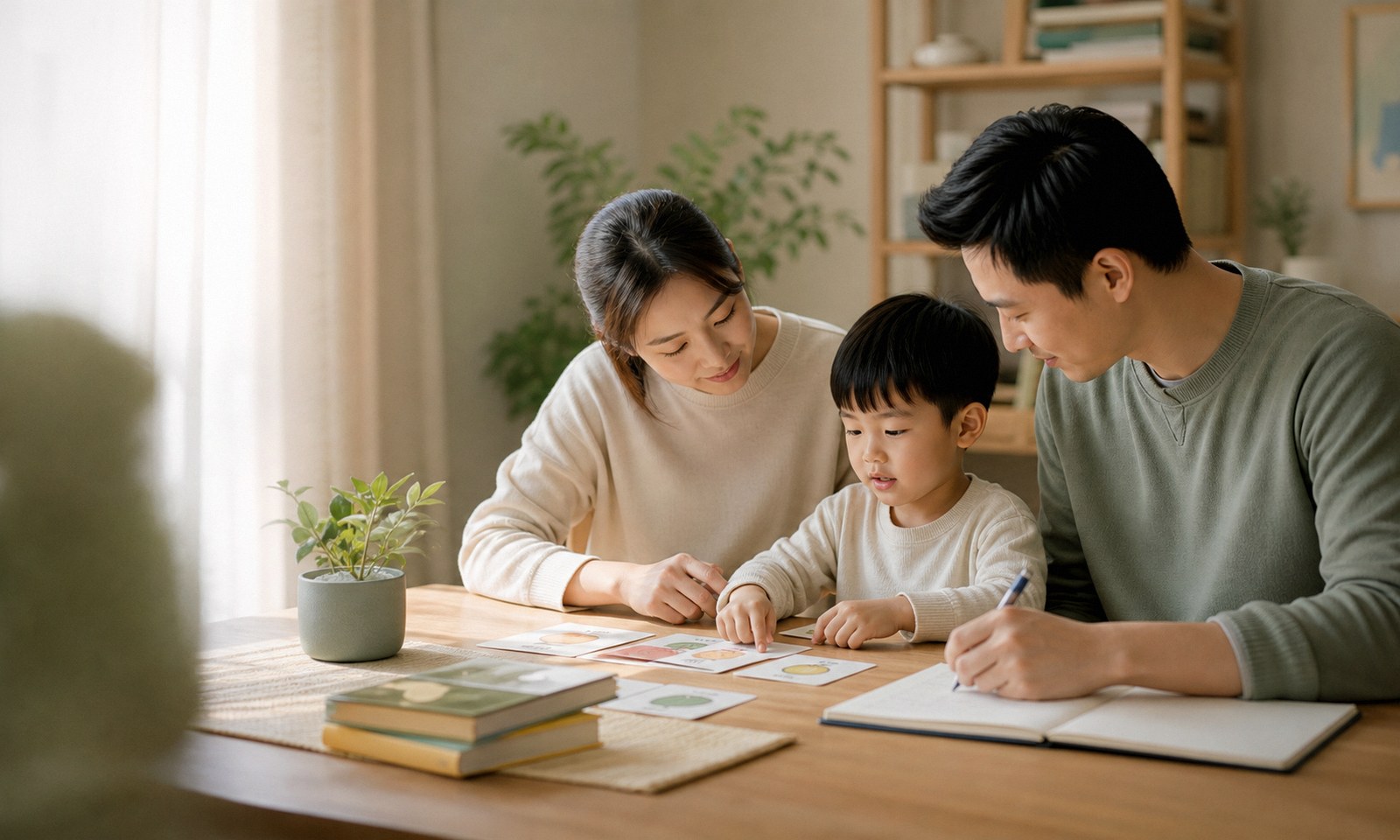 家人在明亮餐桌旁陪孩子互動學習