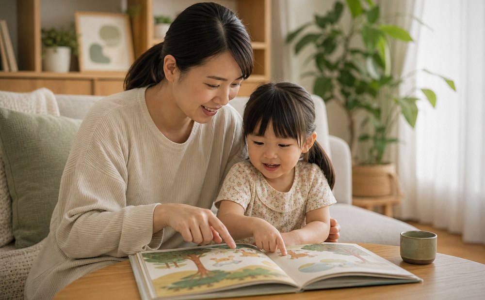 家長陪孩子閱讀的照片